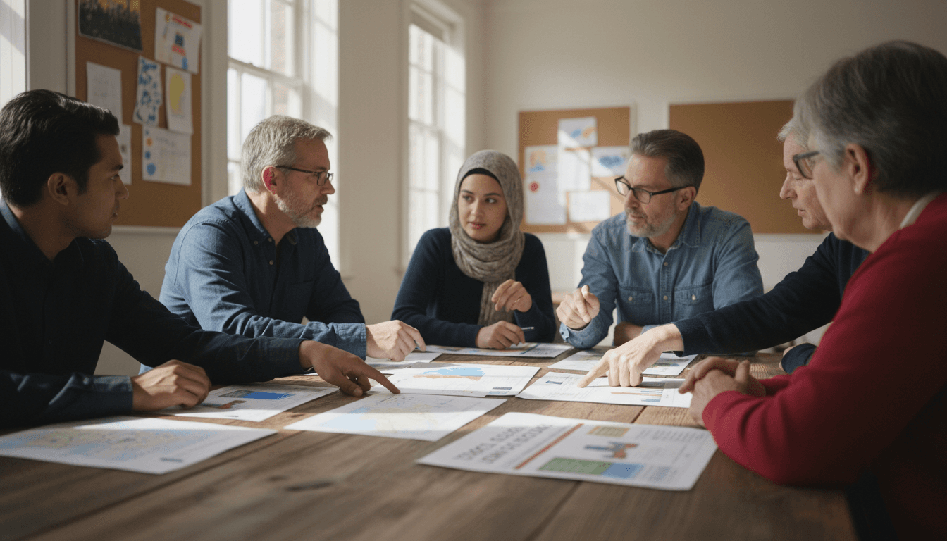Team members collaborating on Senate advocacy strategy in Detroit office